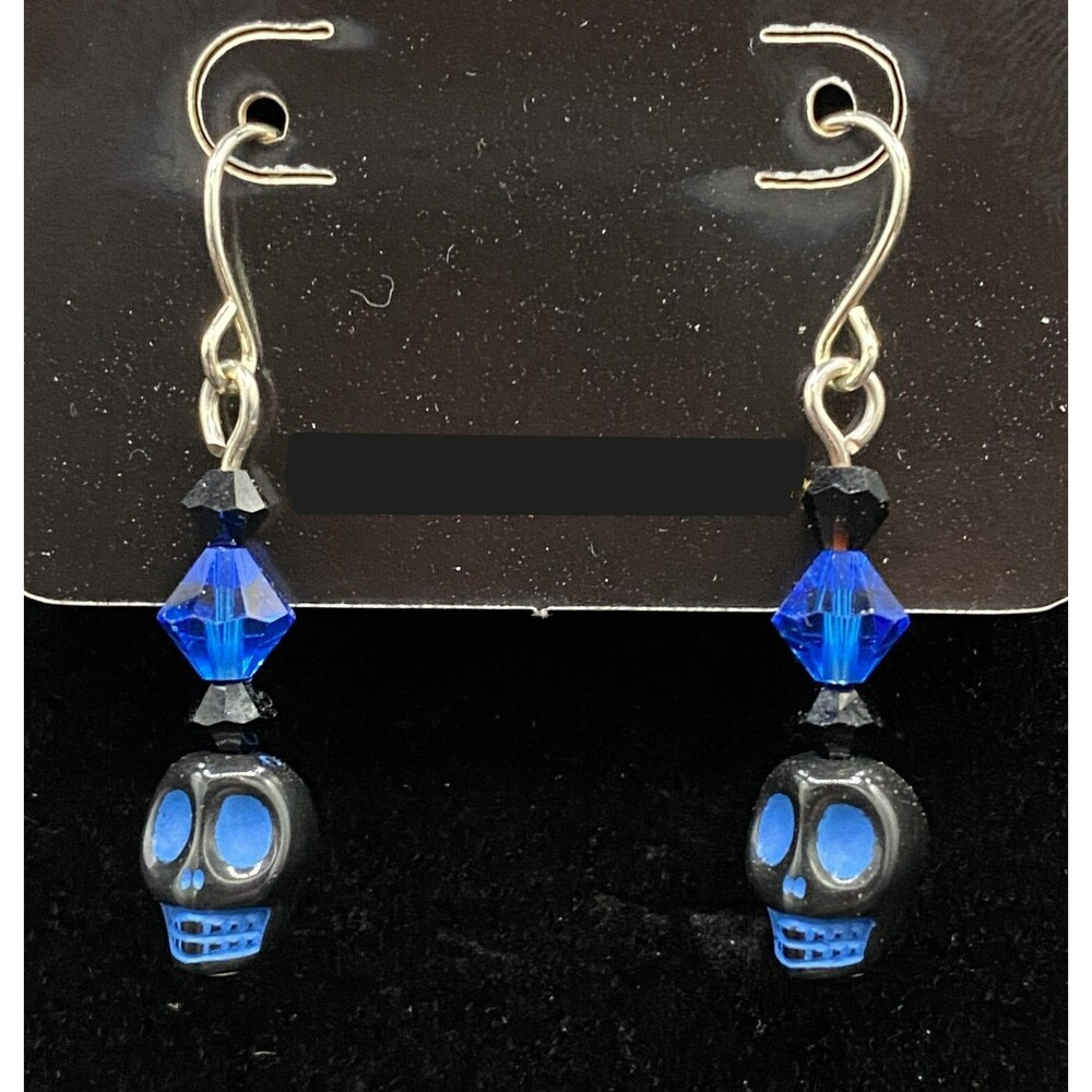 Handmade Blue & Black Skull with Blue & Black Crystal Earrings by Neanie-Bot